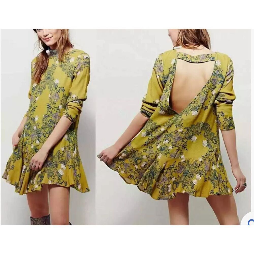 Free People Green Floral Long Sleeve Open Back Mini Dress